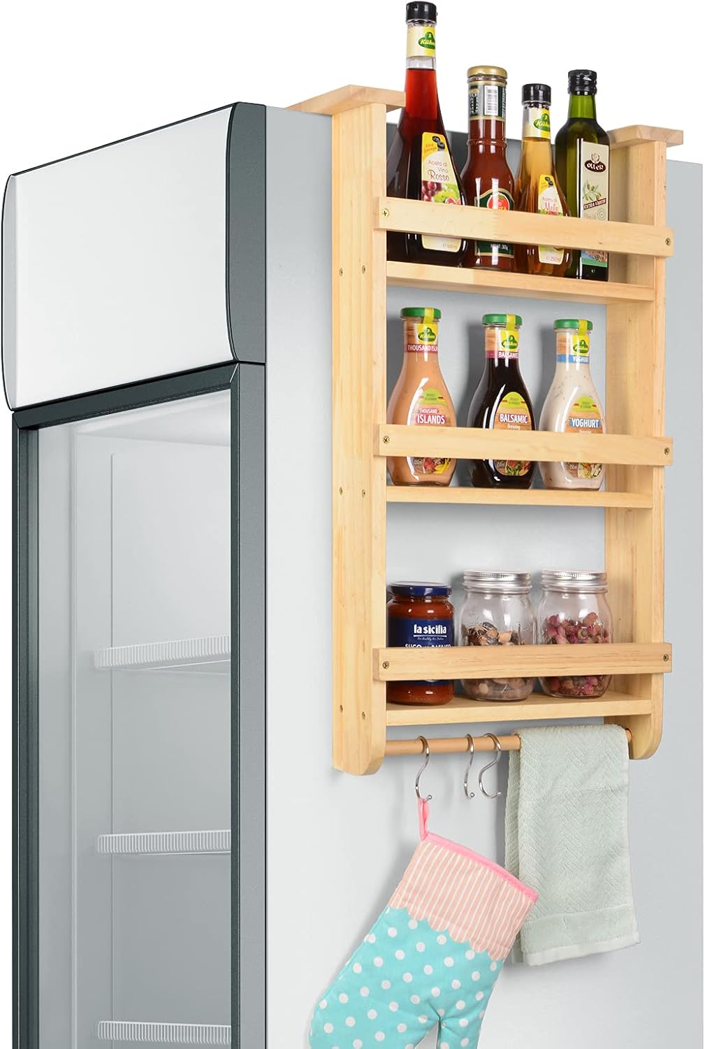 Wooden Fridge Rack, Standing or Hanging Storage Rack Holder, Spice Jars Rack Kitchen Storage Rack Refrigerator Side Holder with 3 hokes and 2 Non-slip EVA Pads Pack of 2