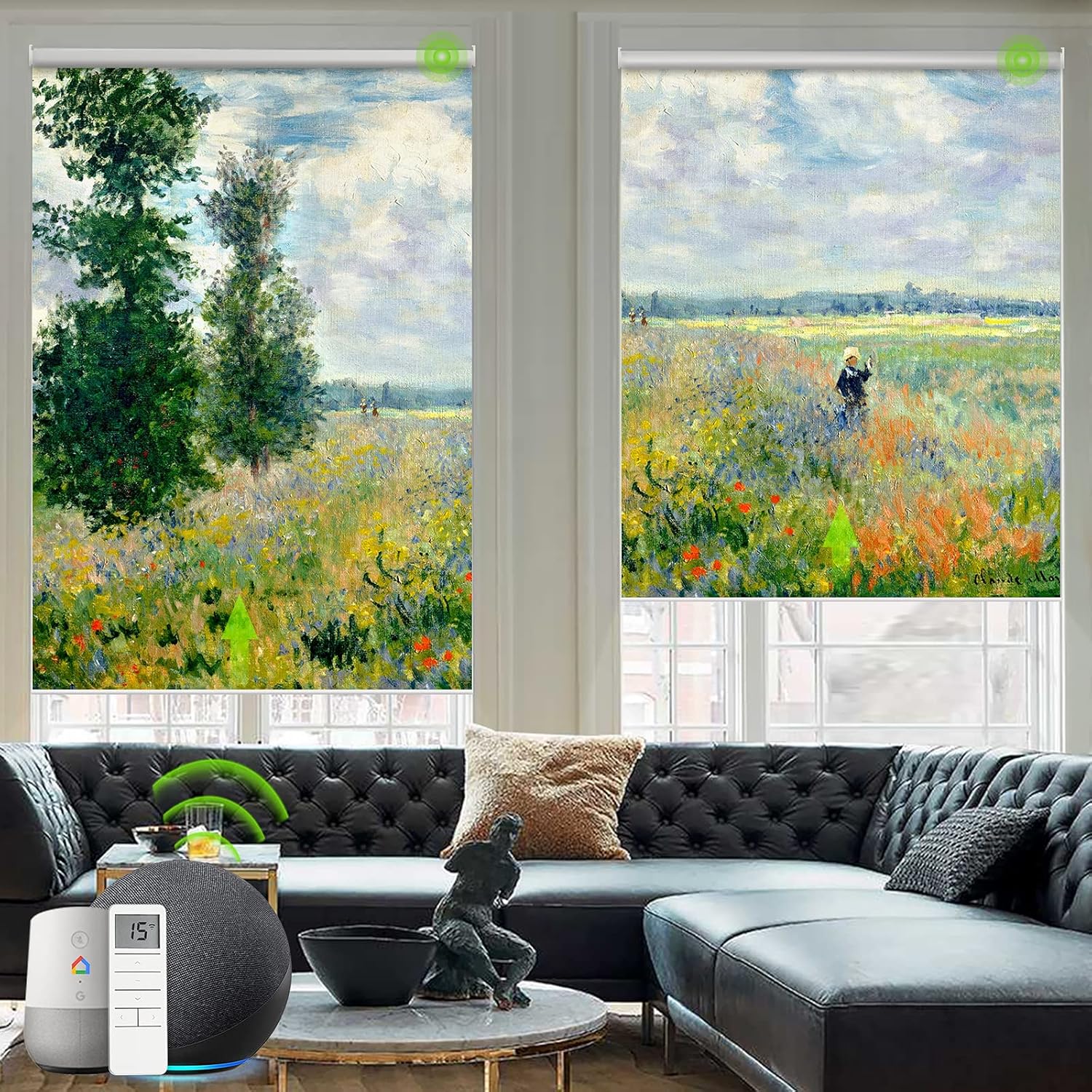 Yoolax Motorized Roller Shade with Picture, Smart Blackout Blind Works with Alexa Custom Size and Photo, Remote Control Window Shade with Powered Motor for French Doors (Sea 2)