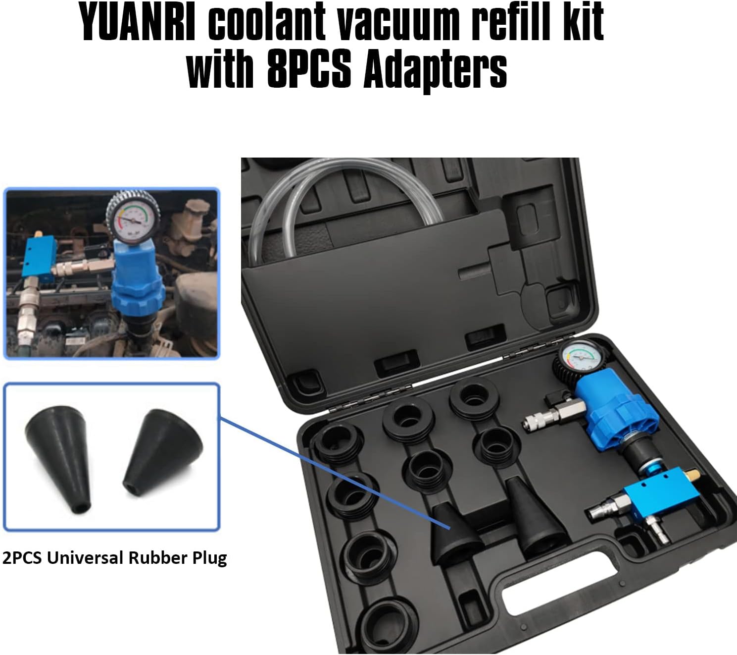 YUANRI Coolant Vacuum Refill Kit with 2PCS Universal Tapered Rubber Adapters, Cooling System Vacuum Purge & Refill Kit with Pressure Gauge and 8PCS Rubber Adapters Sleeves for Car SUV Van Truck