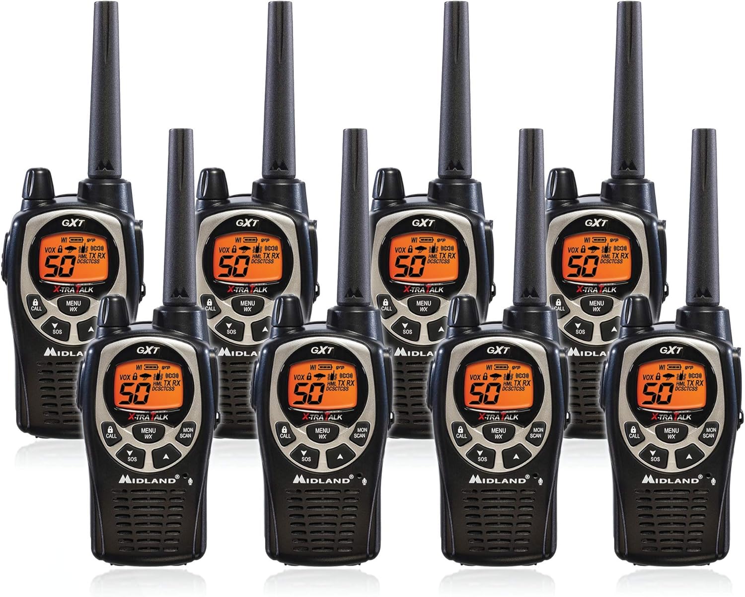 Midland GXT1000VP4 50 Channel GMRS Two-Way Radio - Up to 36 Mile Range Walkie Talkie - Black/Silver (Pack of 8)