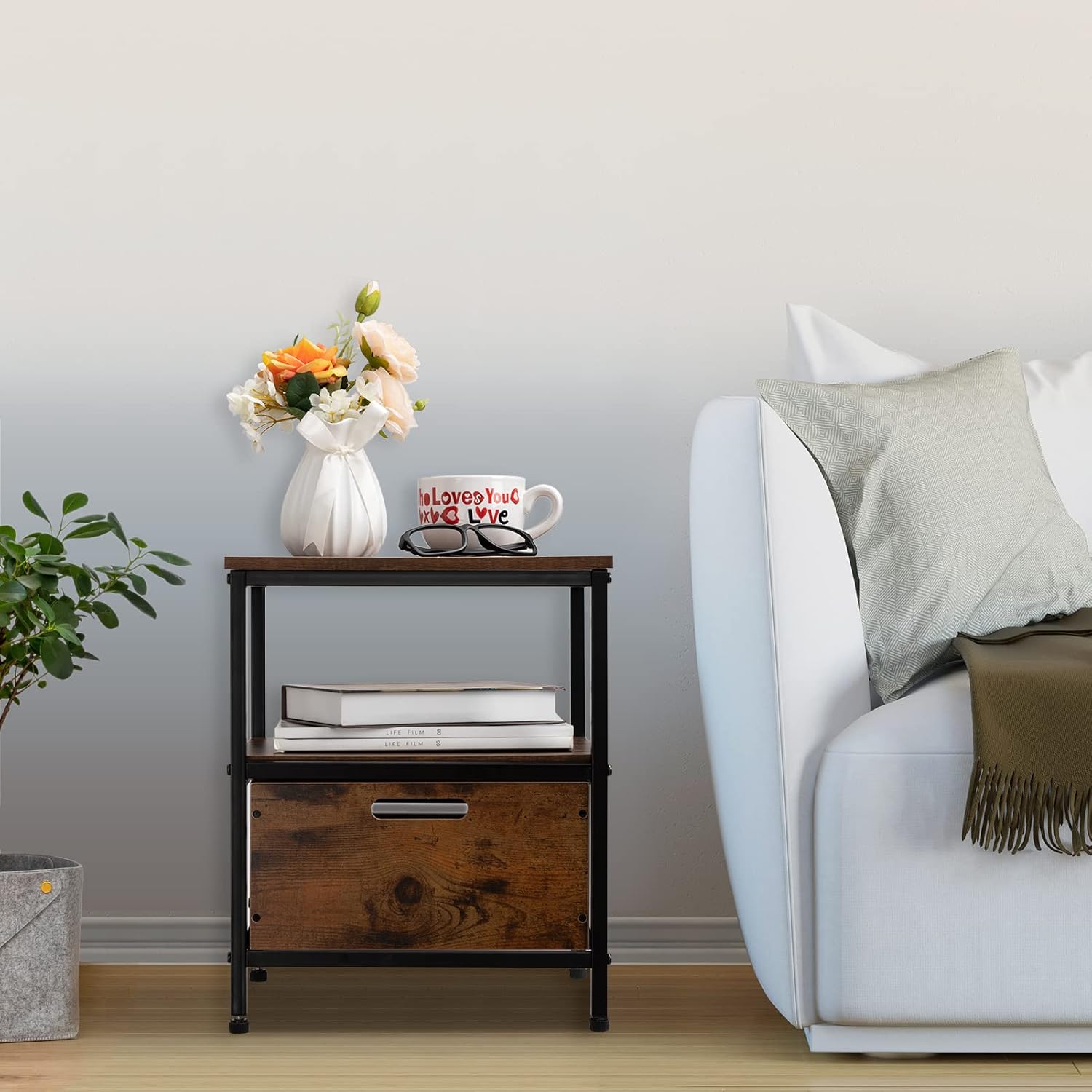 ALIMORDEN Industrial Nightstand, 2-Tier End Table, Side Table with Drawer and Storage Shelf Wooden Accent Table Telephone Sofa Furniture Bedroom Entryway Office Rustic Brown