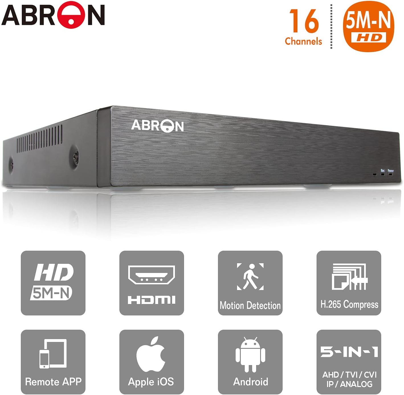 Abron 5MP Lite(5M-N) 16 Channel Hybrid 5-in-1 Surveillance DVR Recorder, 16CH H.265+ DVR NVR System for Security Camera, Supports 16CH Analog and 4CH IP Cameras, Easy Remote Access(No Hard Drive)