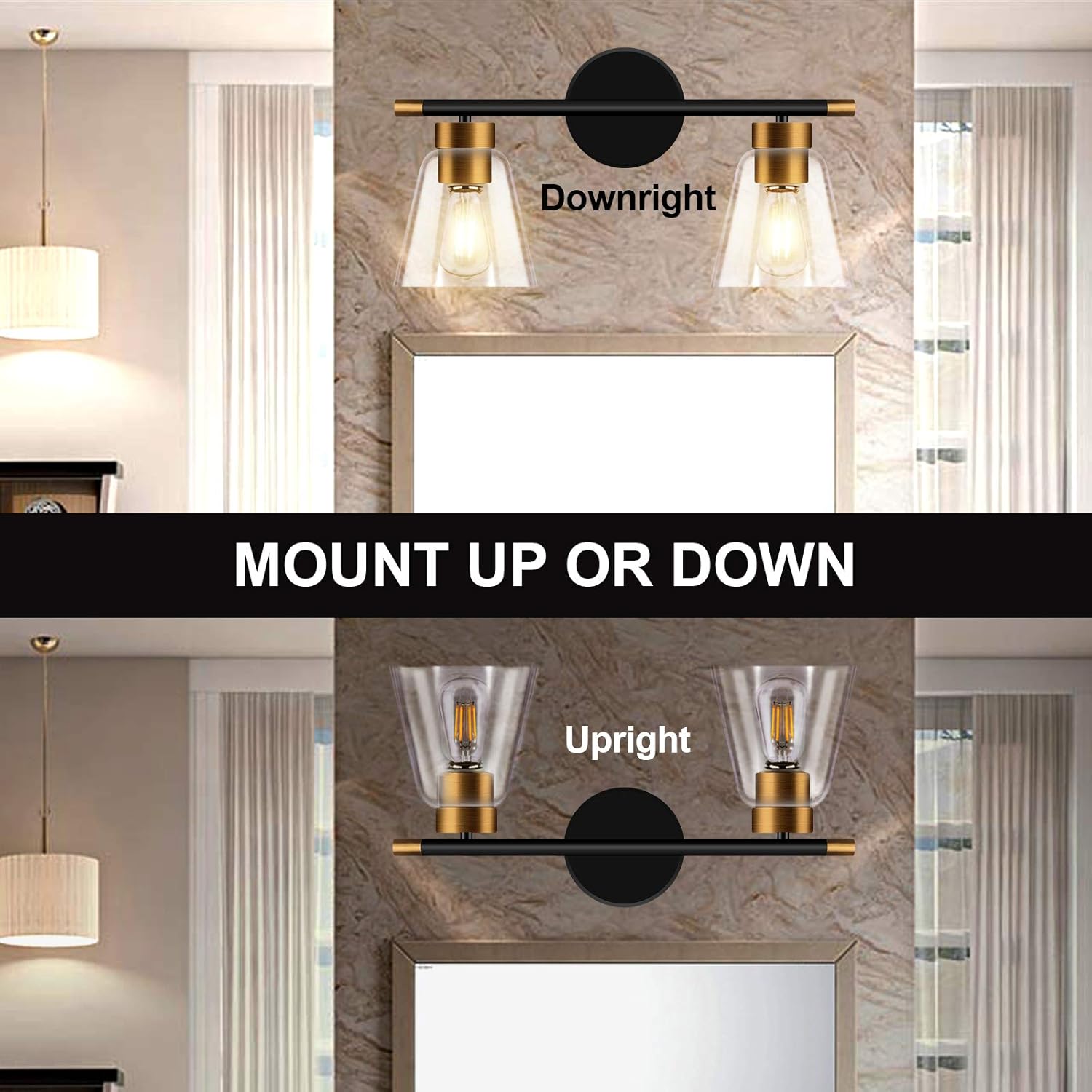 2-Light Vanity Lights Fixtures, Bathroom Lights Wall Mounted, Modern Wall Sconces Lighting, Matte Black Wall Light with Brass Accent Socket, Wall Lamp for Mirror Cabinets, Powder Room, Dressing Table