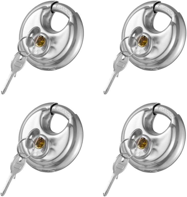 CINCINNO 4 Pack Keyed Alike Padlocks, Stainless Steel Discus Lock ,2-3/4 in.Wide ,3/8 in. Diameter Shackle, Disc Lock for Storage Unit, Sheds, Garages and Fence Pack of 2
