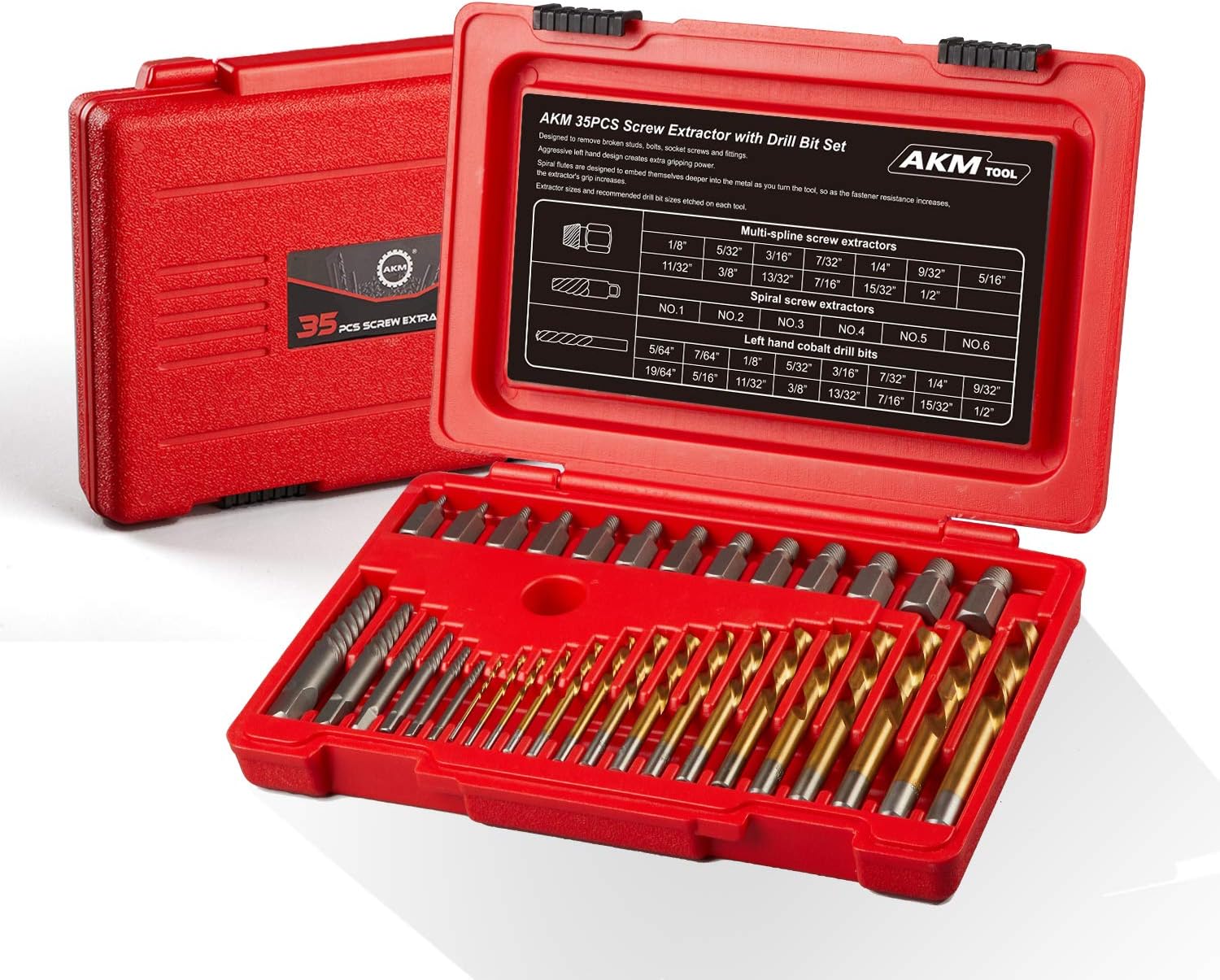 AKM Screw Extractor with Drill Bit Set,bolt extractors,Multi-spline Extractors,and Left Hand Drill Bits for Removeing Broken Studs, Bolts, Socket Screws, and Fittings| SAE