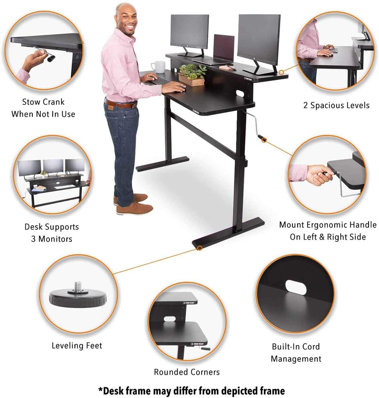 Stand Steady Tranzendesk | 55 Inch Dual Level Standing Desk | Easy Crank Height Adjustable Sit to Stand Desk | Stand Up Workstation with Monitor Riser | Great for Home & Office (55/Black)