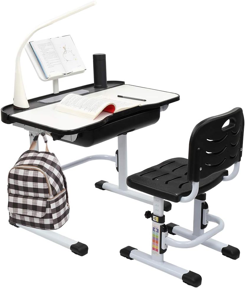 Bonnlo 27.6in Kids Desk and Chair Set w/Lamp, Height Adjustable Children Writing Desk, School Study Desk with Tilt Desktop, Metal Hook, Book Stand and Storage Drawer for Boys Girls(Black)