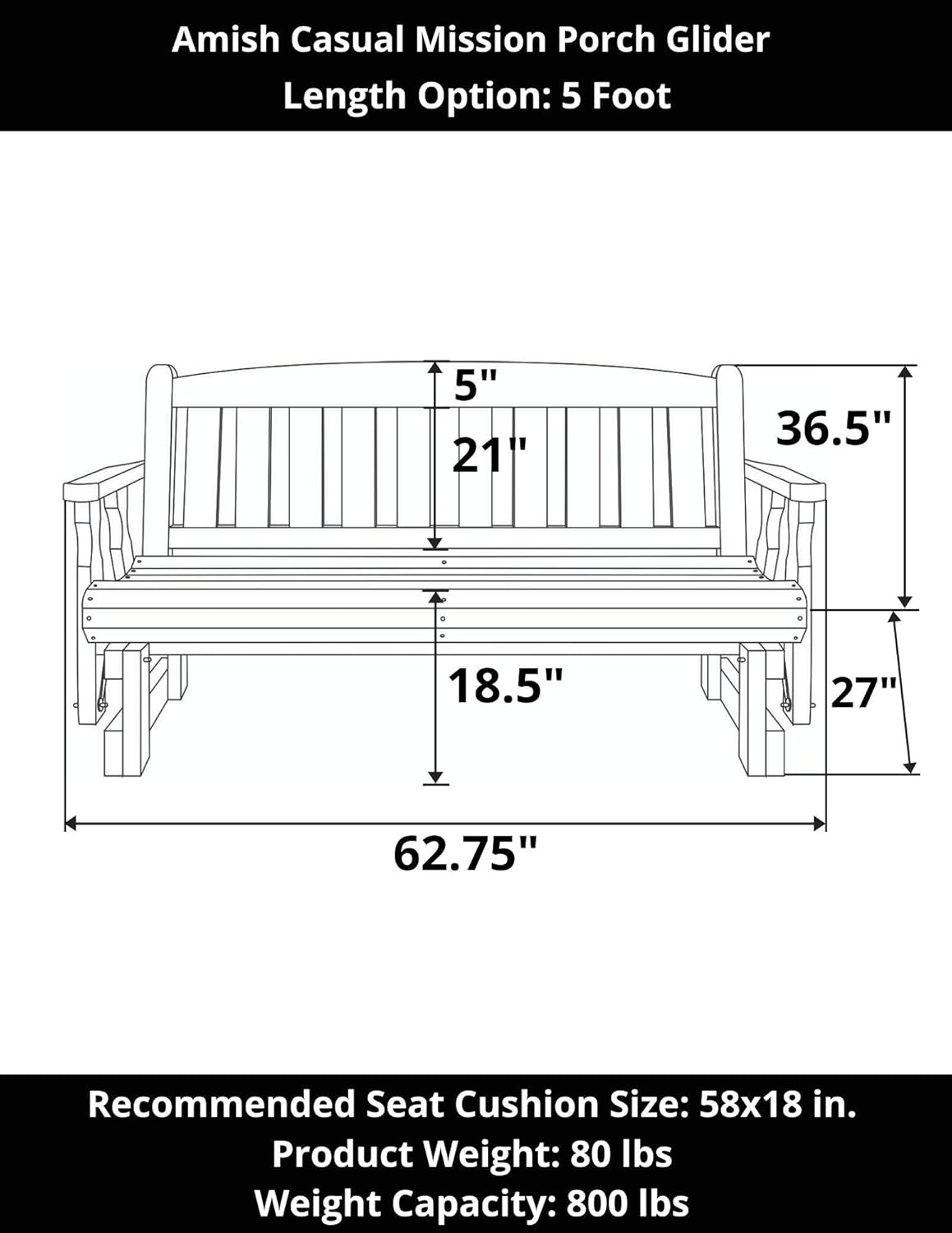 Amish OUTLET STORE Heavy Duty 800 Lb Mission Pressure Treated Porch Glider (5 Foot, Semi-Solid Black Stain)