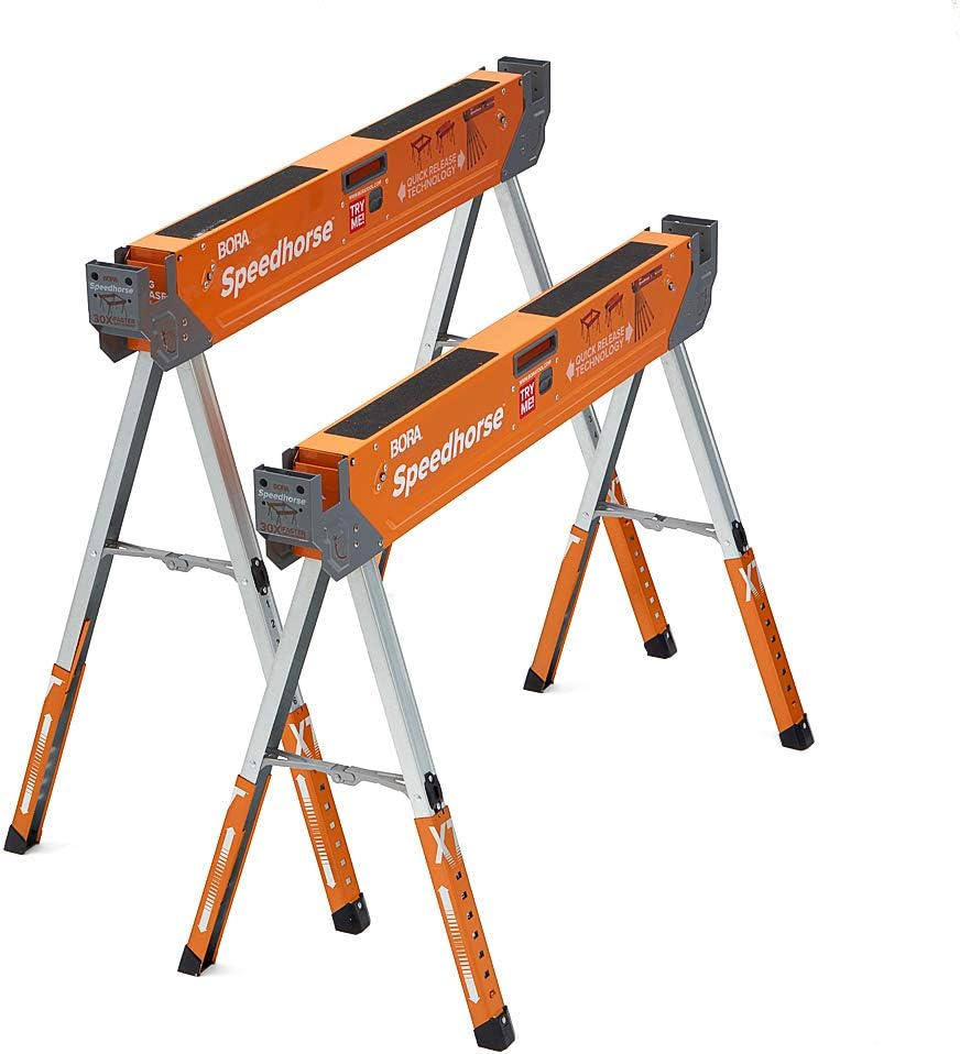 Bora Portamate Speedhorse XT Adjustable Height Sawhorse Pair- Two pack, 30-36 inch height adjustable Legs, Metal Top for 2x4, Heavy Duty Pro Bench Saw Horse for Contractors, Carpenters - PM-4550T