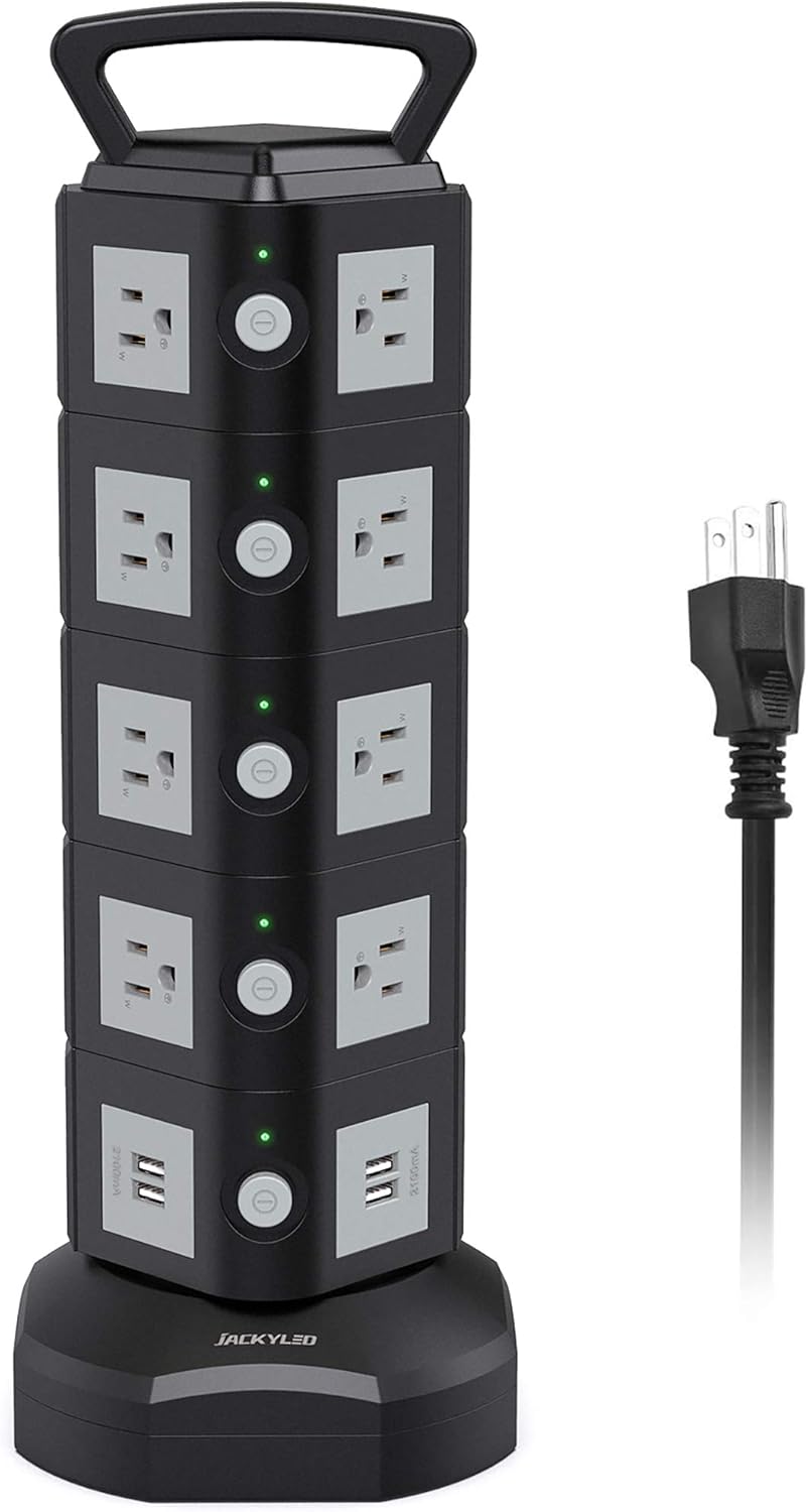 Power Strip Tower JACKYLED Surge Protector Electric Charging Station 3000W 13A 18 AC Outlets 4 USB Ports with 16AWG 6.5ft Heavy Duty Extension Cord for Home Office Pack of 2