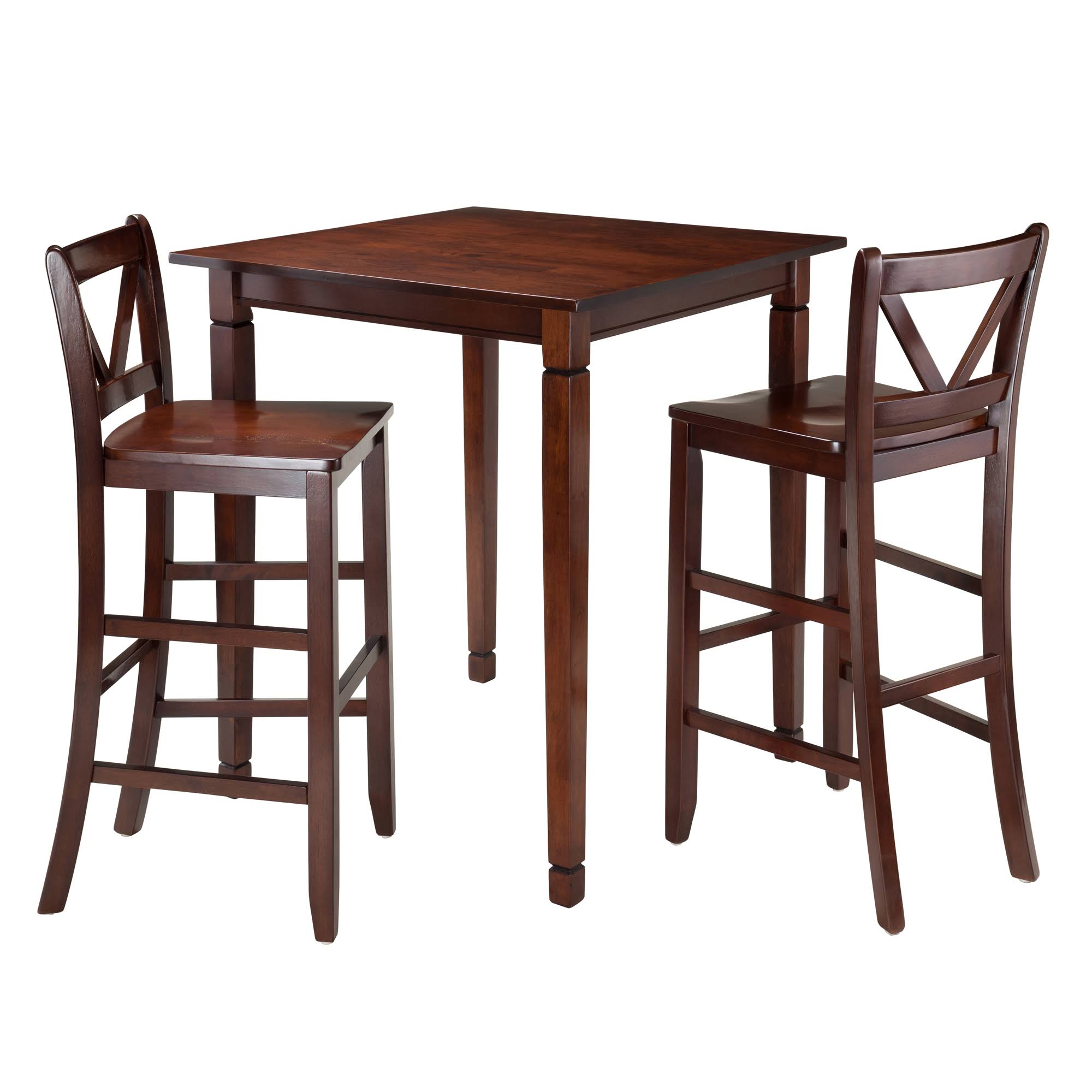 Set of 3 Warm Walnut High Dining Table with Bar V-Back Chairs 38.75x22