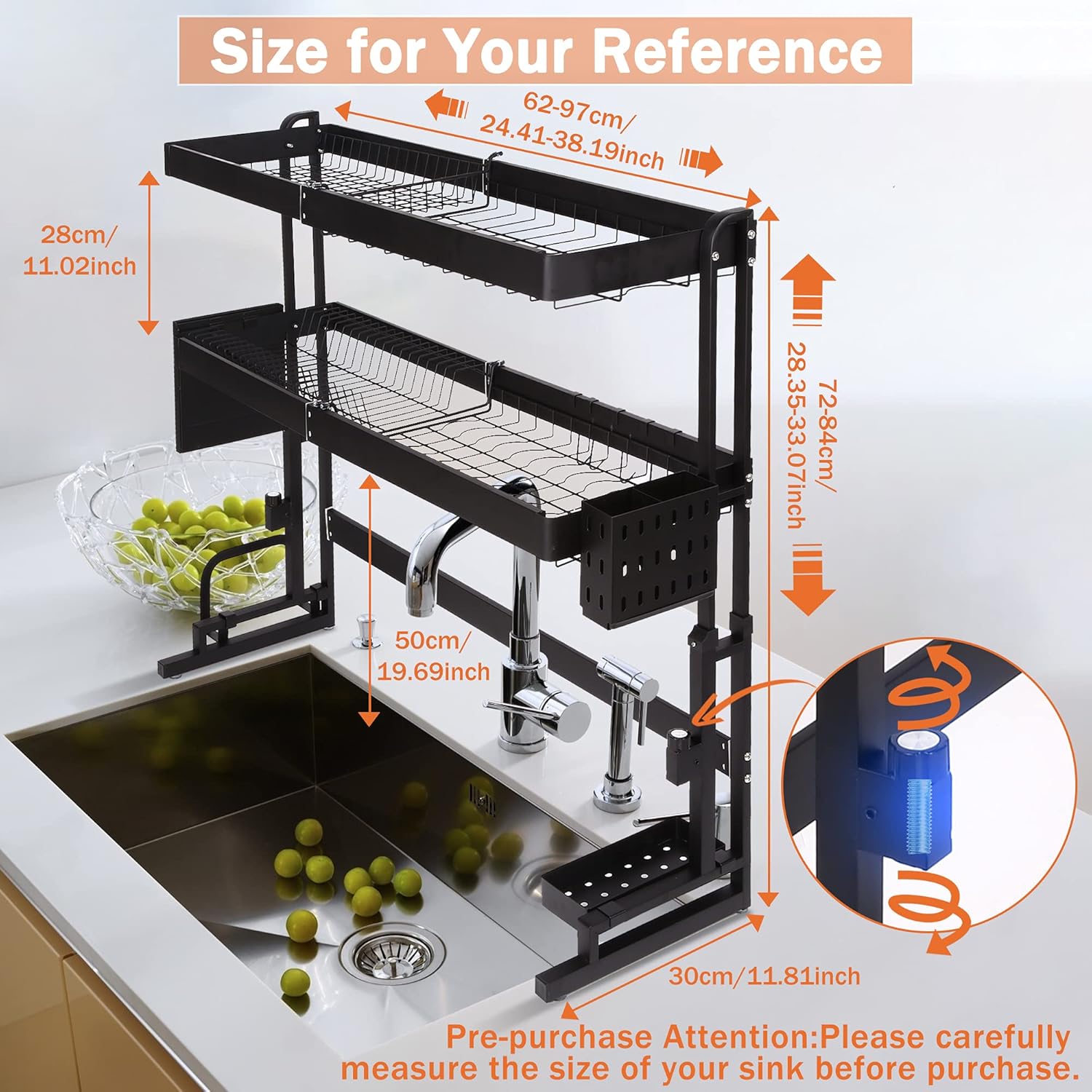 Over Sink Dish Drying Rack 2 Tier, Stainless Steel Kitchen Drainer Countertop Organizer, Large Dish Rack Drainer for Kitchen Organizer Storage Space Saver, Black