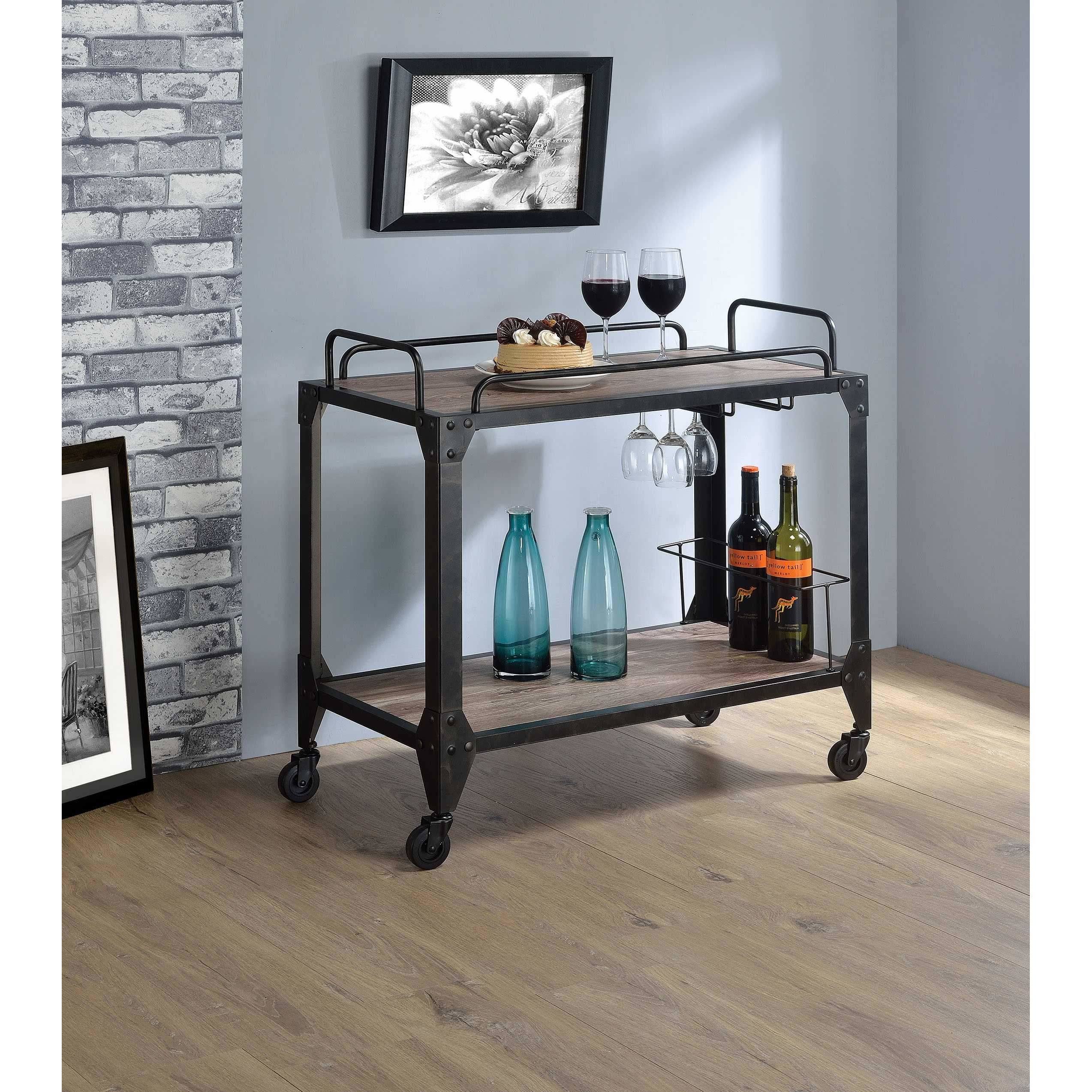 Rustic Oak and Black Serving Cart