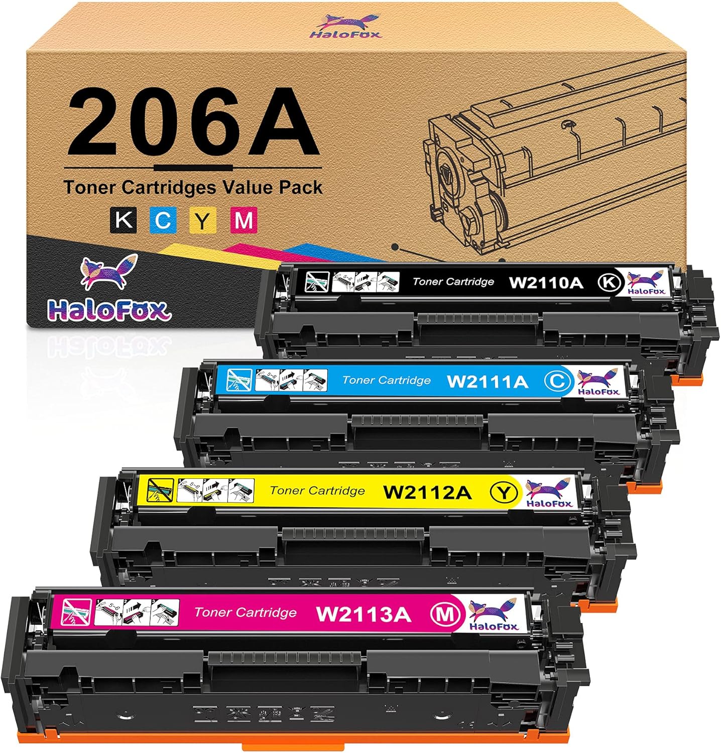 Halofox Compatible Toner-Cartridge Replacement for HP 206A W2110A 206X W2110X for HP Color Pro MFP M283fdw M255dw M283cdw M283 M255 Printer Toner (Black Cyan Yellow Magenta, 4-Pack)