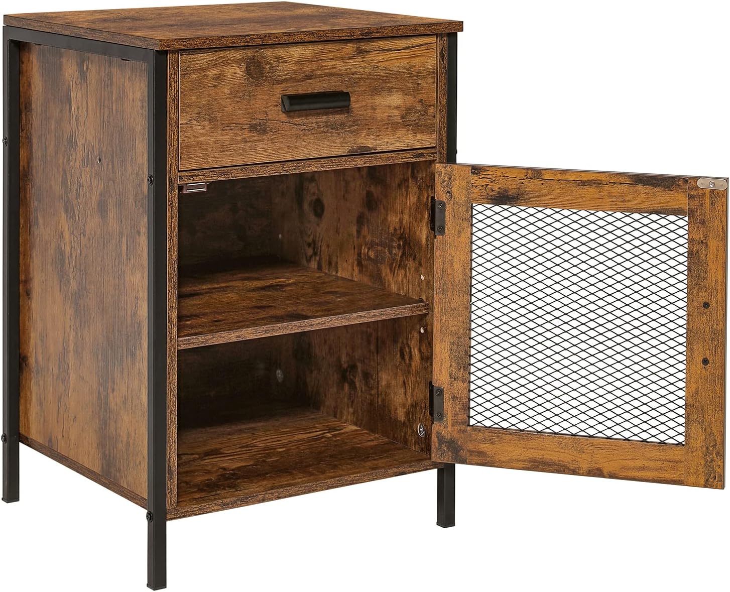 USIKEY End Table, Night Stand with Drawer and Mesh Door, Industrial Bedside Table with Storage Cabinet and Adjustable Shelf, Metal Frame, for Bedroom, Living Room, Guest Room, Rustic Brown Pack of 2