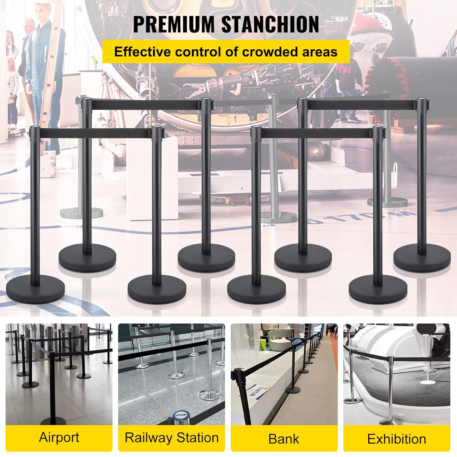 VEVOR Crowd Control Stanchion, Set of 8 Pieces Stanchion Set, Stanchion Set with 6.6 ft/2 m Black Retractable Belt, Black Crowd Control Barrier w/Concrete and Metal Base - Easy Connect Assembly