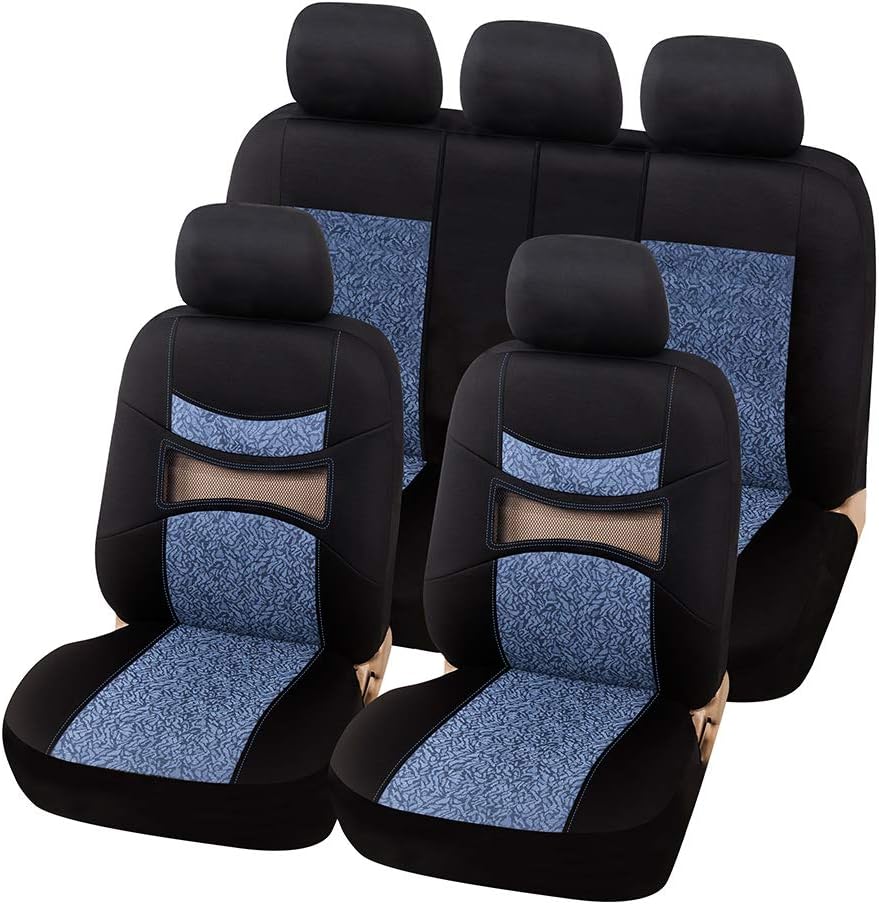 AUTOYOUTH Blue Print Black Car Seat Covers Full Set Car Seat Protectors Car Seat Accessories 9PCS Fit 40/60 Split, 40/20/40 Split and 50/50 Split