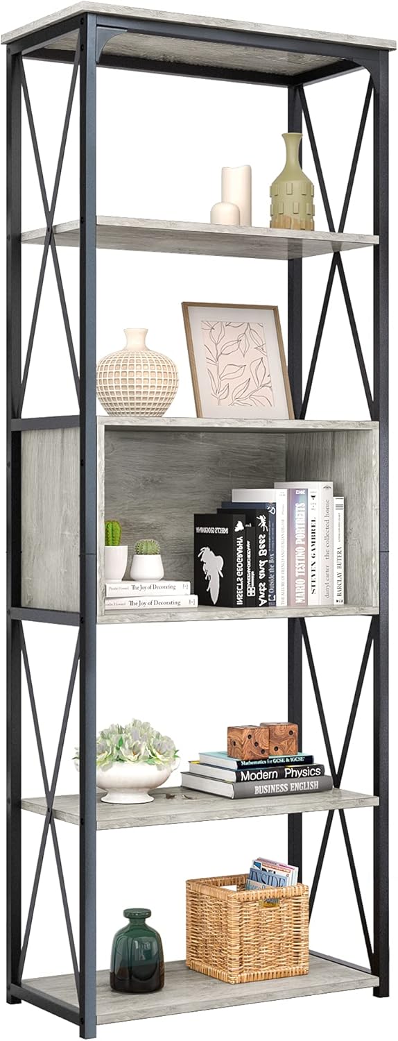 Bestier Industrial Bookshelf 5 Tier Bookcase Storage Display Shelves Organizer Free Standing Open Shelf Book Shelf for Living Room Bedroom and Office, Wash White and Black