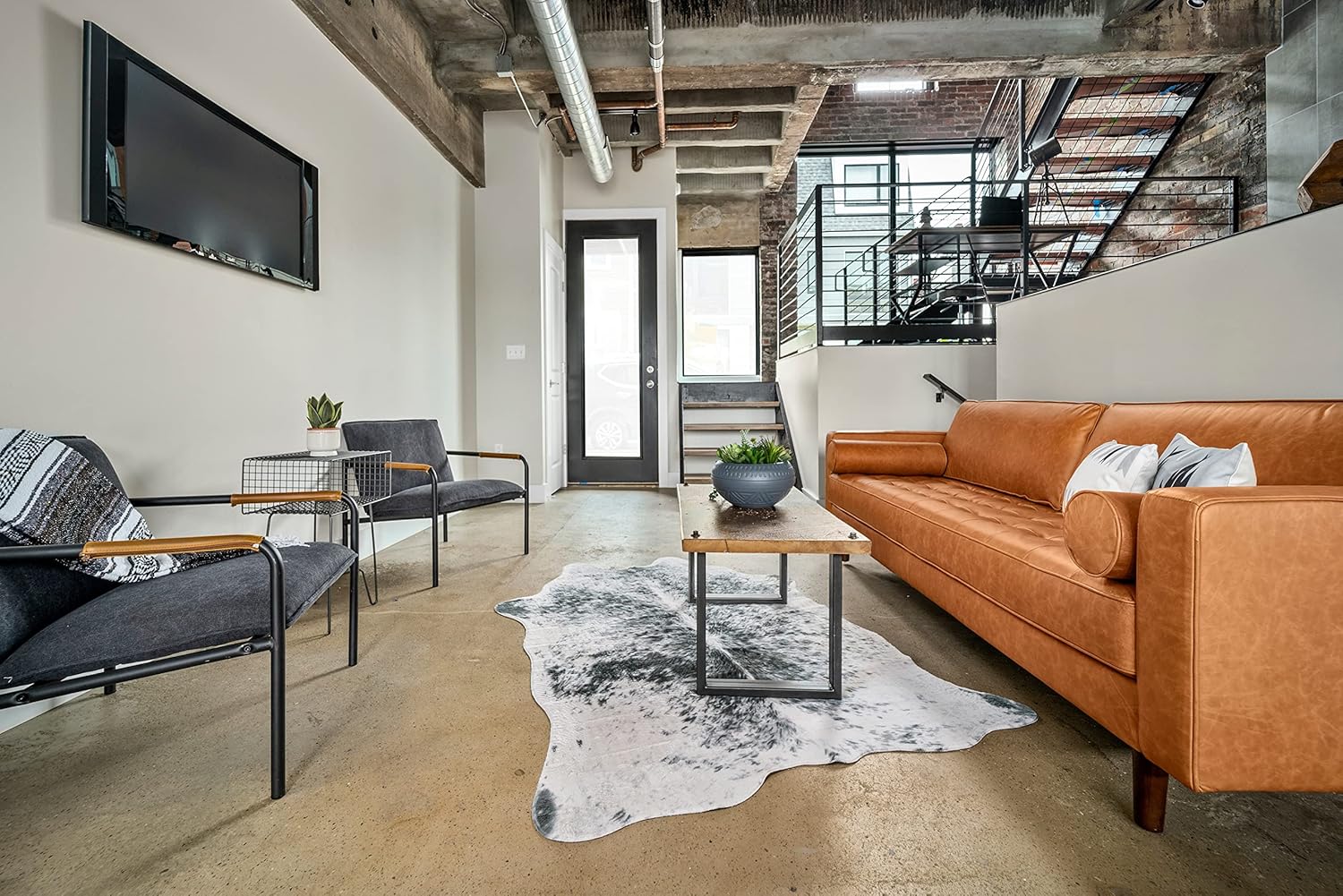 NativeSkins Large Faux Cowhide Rug - Chalk and Board (4.6ft x 6.6ft) - White/Gray Cow Print Area Rug for a Western Boho Decor - Synthetic, Cruelty-Free Animal Hide Carpet with No-Slip Backing