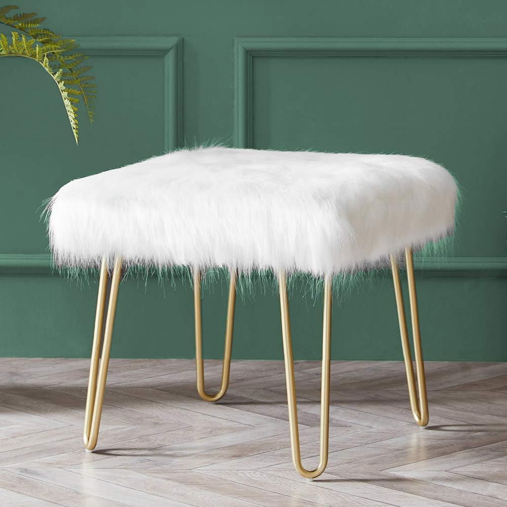 Modern Square Ottoman Foot Rest Stool - Luxurious Faux Fur Covered Seat w/ Sturdy Gold Hairpin Legs - Easy Assembly Accent Furniture Perfect for Use in Any Room - White Color Pack of 2