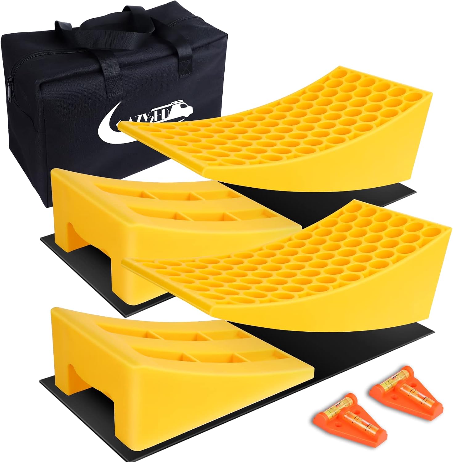 Eazy2hD Camper Leveler 2 Pack - RV Leveling Blocks, Includes Two Curved Levelers, Two Chocks, and Two Rubber Grip Mats, Heavy Duty Leveler Works for Camper Pack of 2
