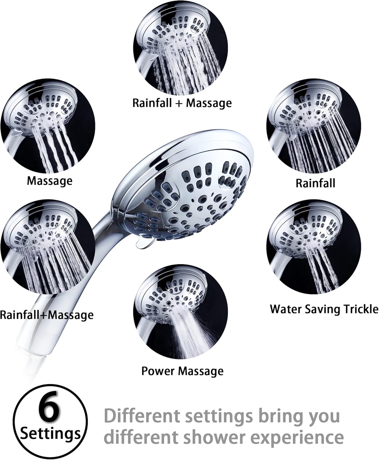 G-Promise High Pressure Shower Head 6 Spray Setting Hand Held Shower Heads with Adjustable Solid Brass Shower Arm Mount Extra Long Flexible Stainless Steel Hose (Chrome) Pack of 2