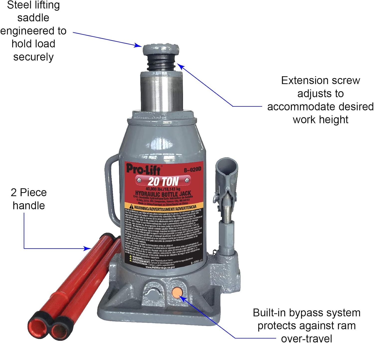 Pro-Lift B-020D Grey Hydraulic Bottle Jack - 20 Ton Capacity