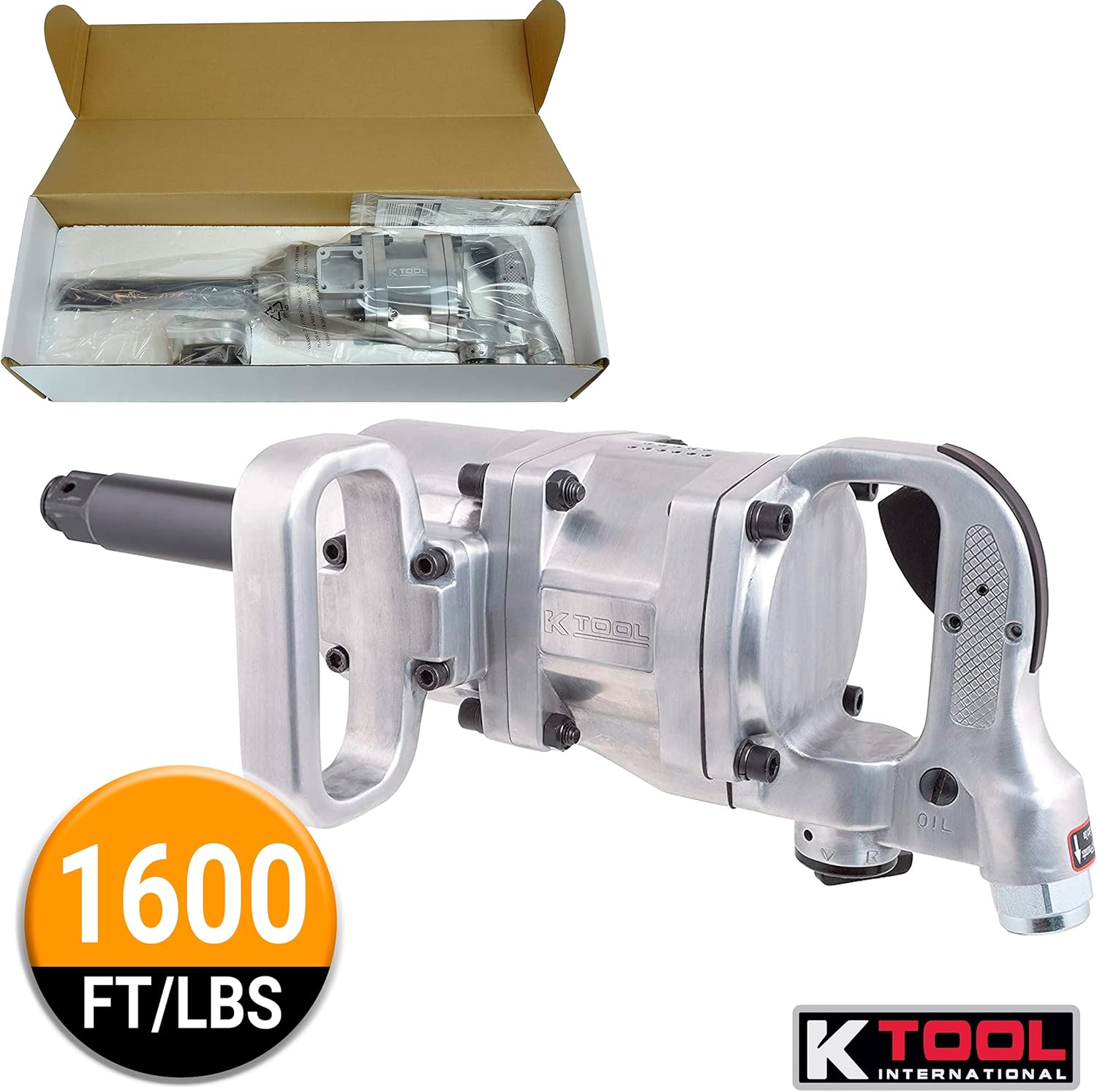 K Tool International Air Impact Wrench with 1 inch Drive. Included 6 inch Anvil Extension, 1600ft/lbs of Torque, 