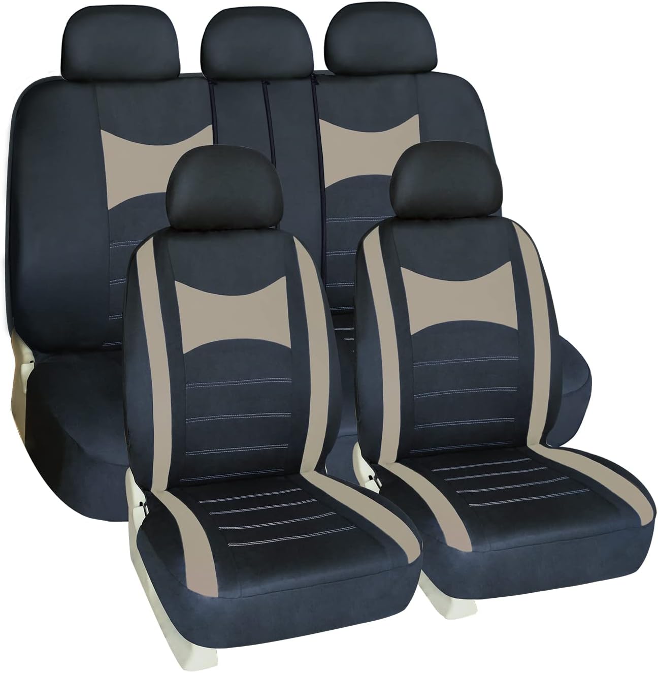 AUTOARTISTE Full Set Car Seat Covers, Breathable Flat Cloth Automotive Front and Back Bench Seat Protectors, Universal Fit for Cars Auto Truck Van SUV, Black