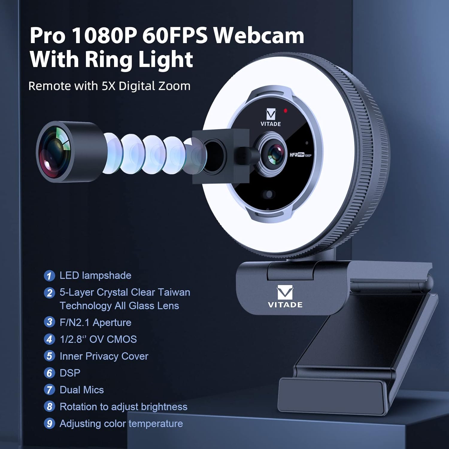 Zoomable Webcam with Remote Control, Vitade 1080P 60FPS Streaming Webcam with Adjustable Ring Light and Advanced Auto-Focus, Pro USB 5X Digital Zoom Webcam for Zoom/Skype Teams/Laptop/Mac Windows