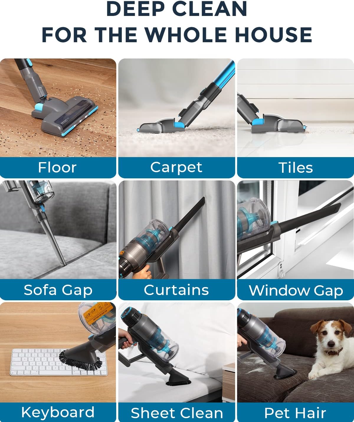 Syvio Cordless Vacuum Cleaner with Self Stand, 22KPa Dry Stick Vacuum All in 1, 40Min Runtime, Adjustable Height, LED Light, Rechargeable Battery for Floor, Carpet, Home &Pet Hair, Lightweight, Quiet