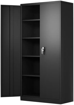 Steel Storage Cabinet, 5 Shelf Metal Storage Cabinet with 4 Adjustable Shelves and Lockable Doors （Black）