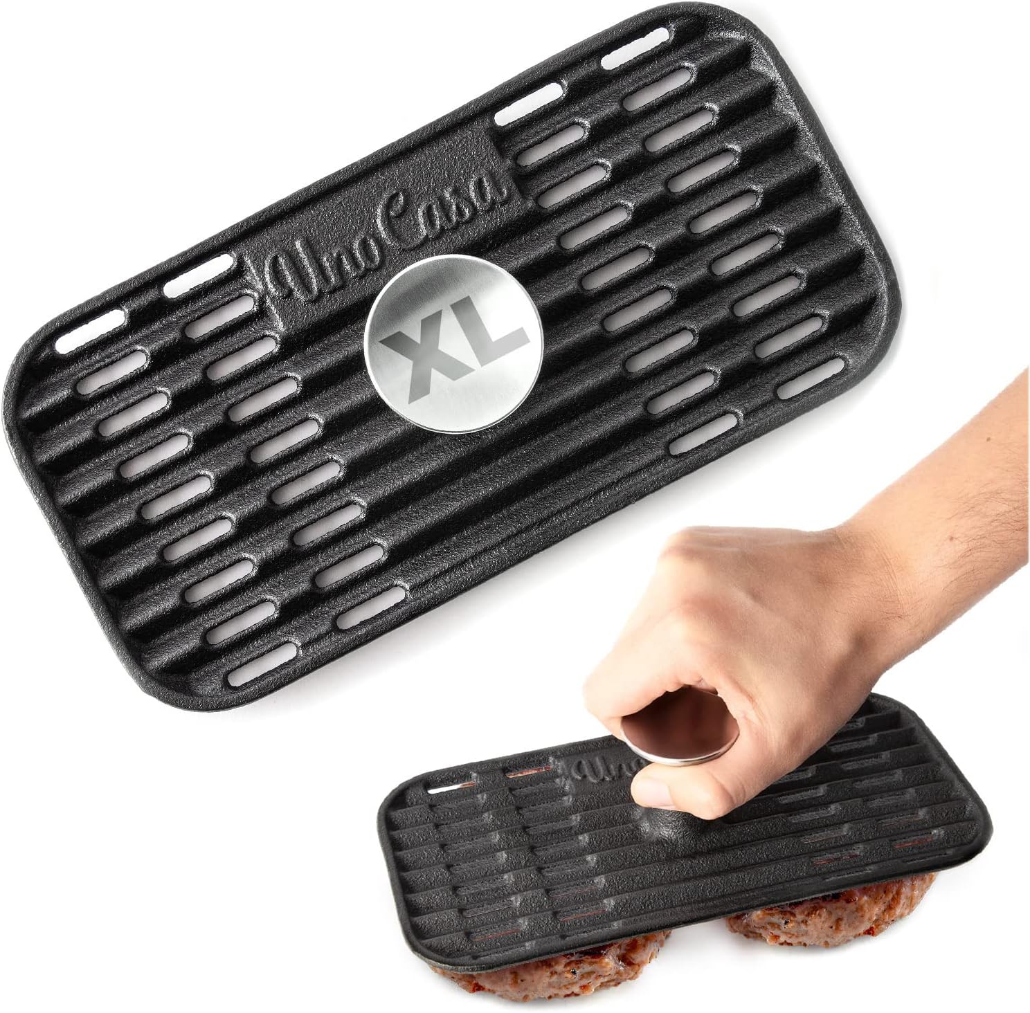 Uno Casa Cast Iron Grill Press - Pre-Seasoned XL Hamburger Press with Stainless Steel Knob, 9x4.5 Inch Heavy Duty Bacon/Burger Press, Vented Design Griddle Press for Steak, Panini Pack of 2