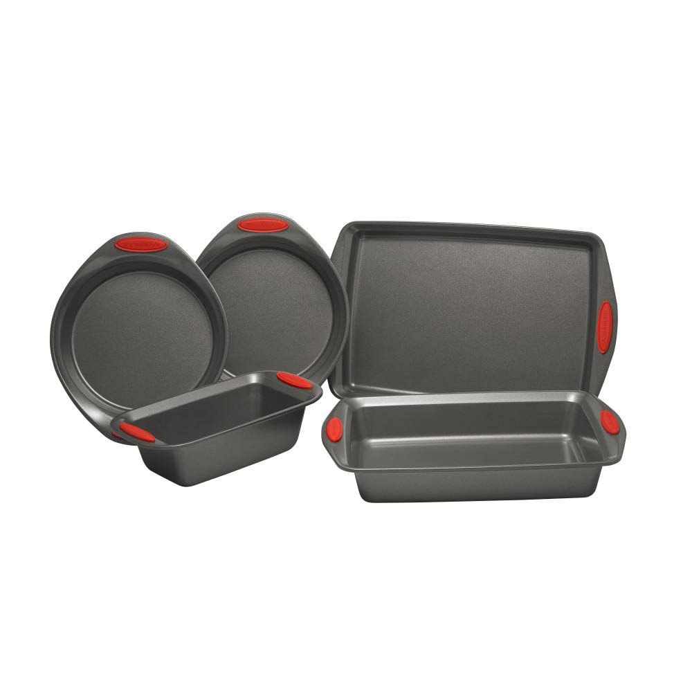 Rachael Ray 5-Piece Set Yum-o! Nonstick Oven Lovin& Bakeware Set, Gray with Red Handles, Red and Gray