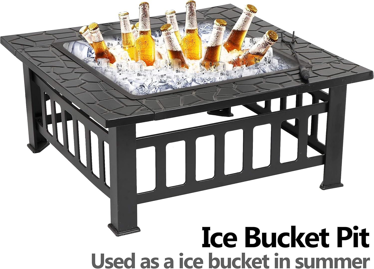 ZENY Outdoor Fire Pits 32in Wood Burning Firepit Square Metal Fireplace Table Fire Bowl with Cooking Grill Spark Screen for Camping Backyard BBQ