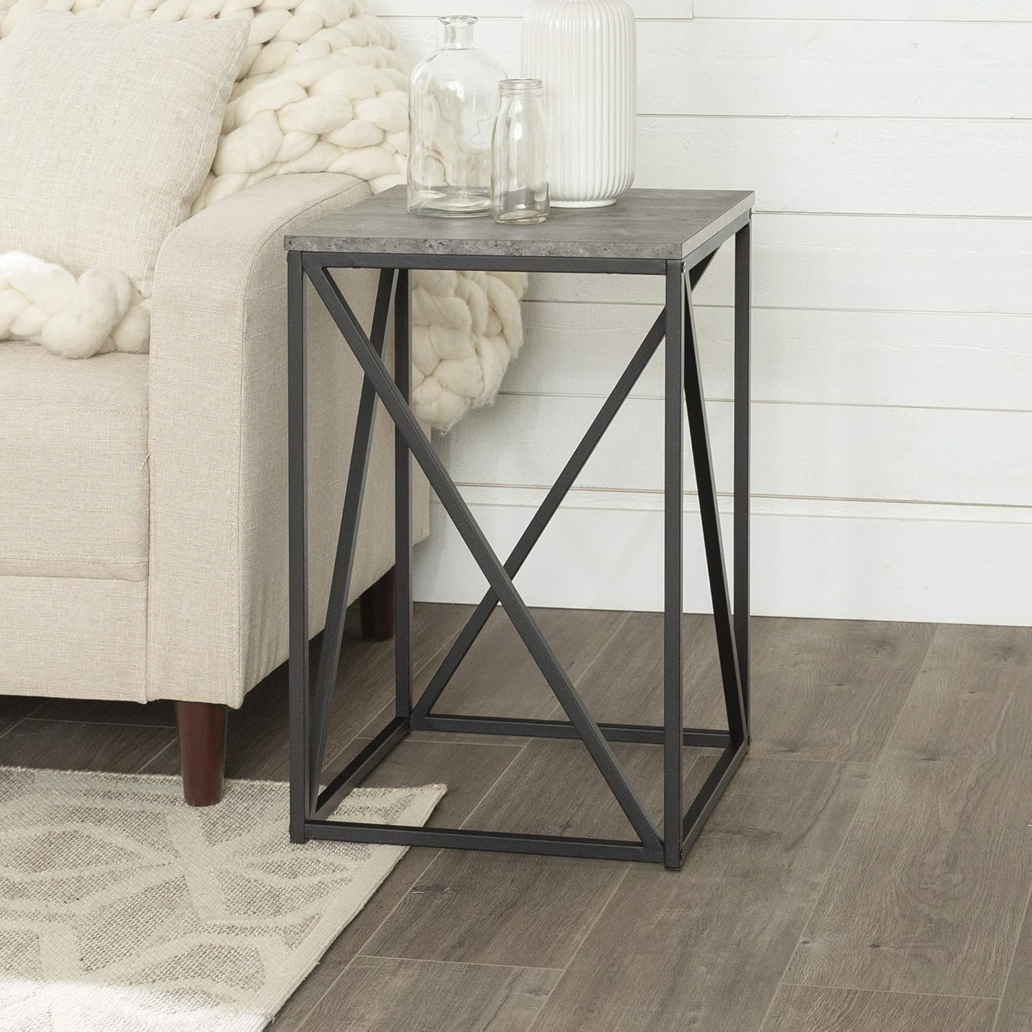 Walker Edison Modern Geometric Metal Square Side End Accent Table Living Room Storage Small End Table, 16 Inch, Dark Concrete