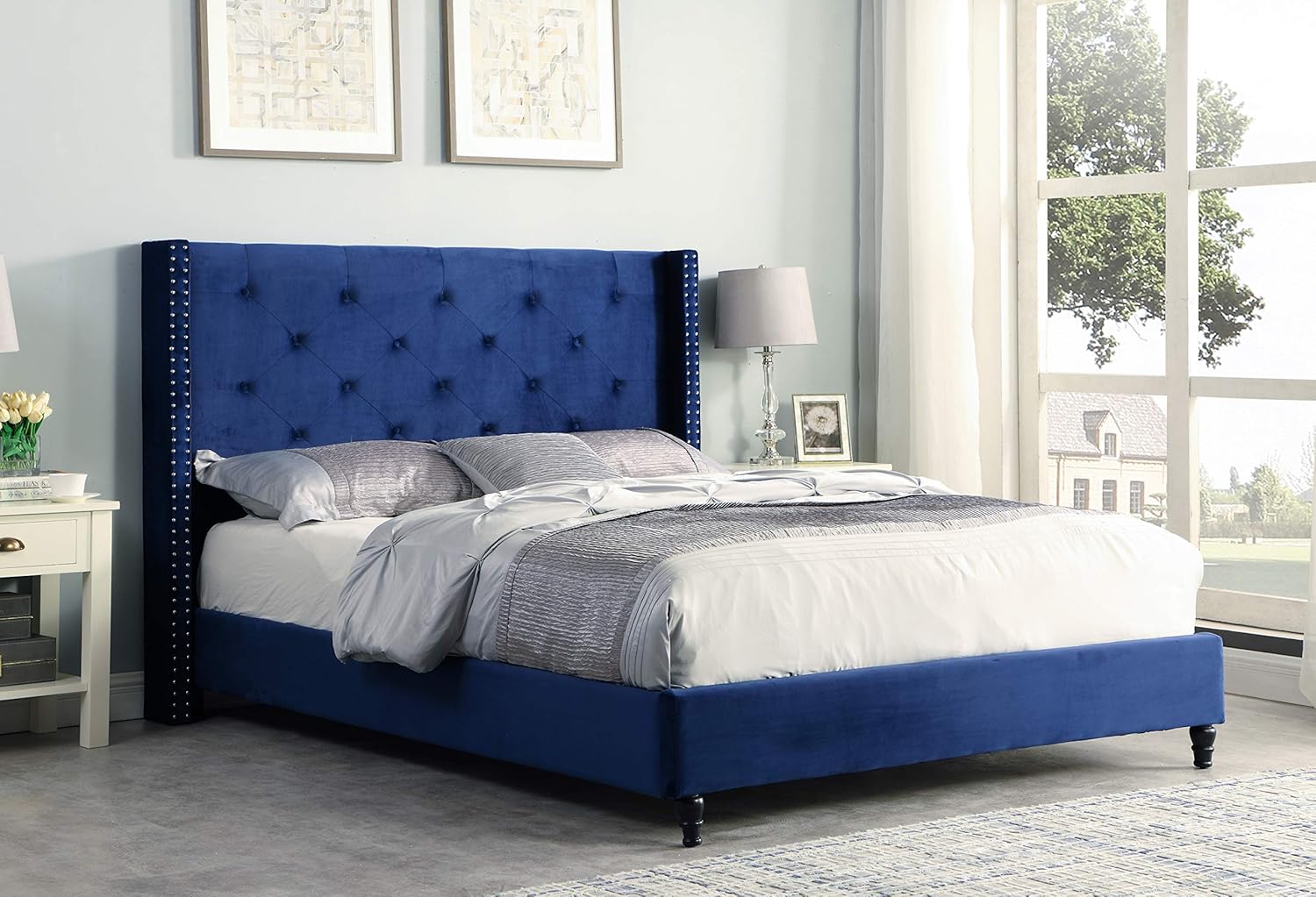 Best Master Furniture Vero Tufted Wingback Platform Bed, King, Navy Blue