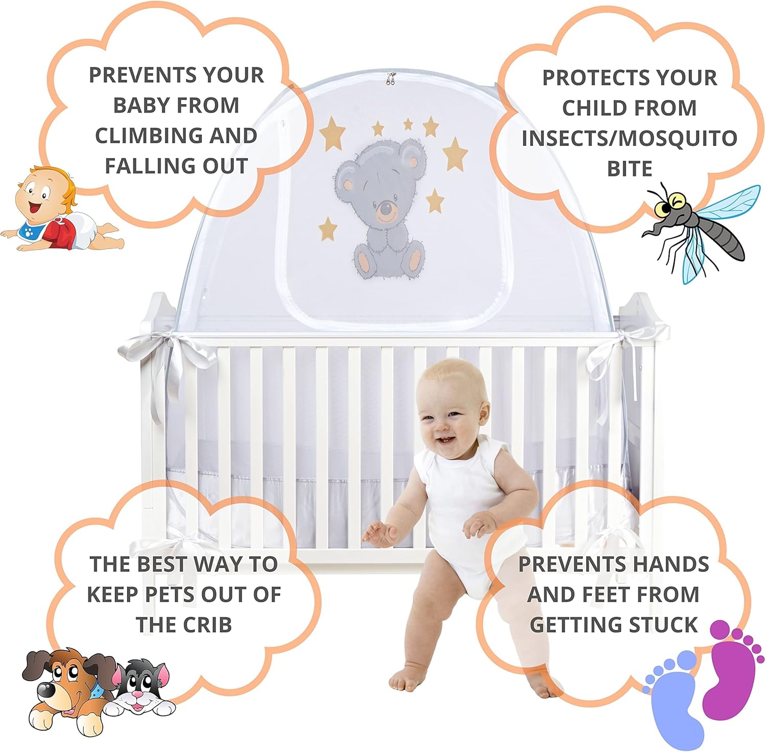 Safety Pop up Crib Tent Cover to Keep Your Baby from Climbing Out & Insects Bite, Crib Tents to Keep Toddler in - Premium, Soft, Stylish & Unisex Crib Net to Keep Baby in Crib - Mesh Crib Canopy Tent Pack of 2