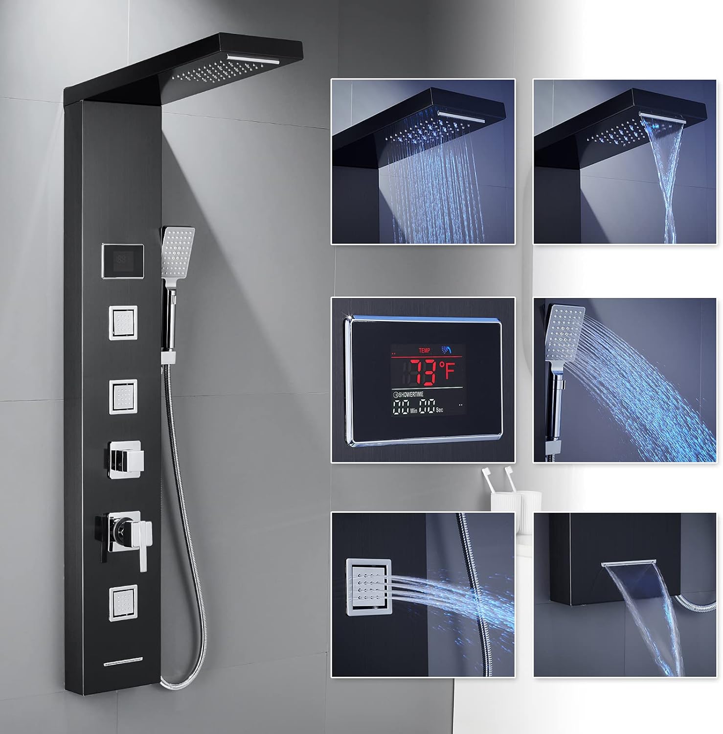 ROVOGO Shower Panel Tower System with LED Lights - No Battery Needed, Shower Column with Rainfall Waterfall Shower, Body Jets, Handheld Shower and Tub Spout, Black