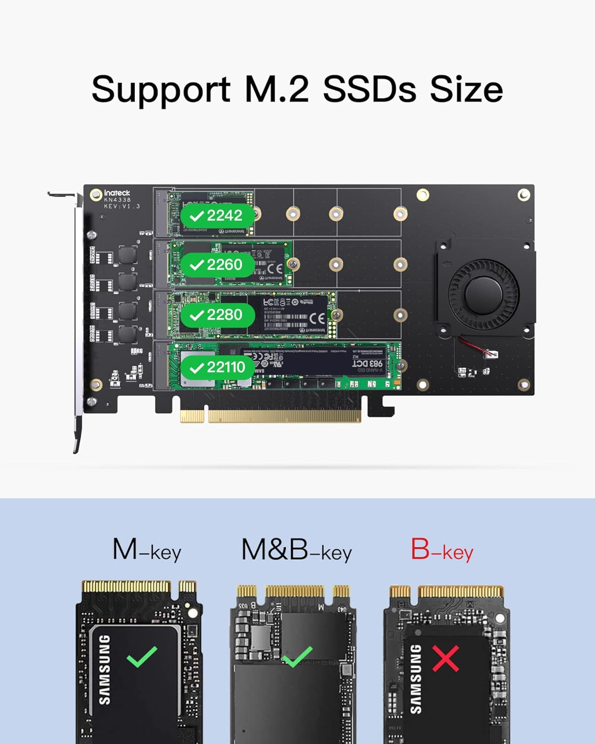 Inateck PCIe x16 to M.2 Card, 4 NVMe SSDs Supported, Built-in Cooling Fan, PCIe Bifurcation Motherboard Required, KN4338 Pack of 2