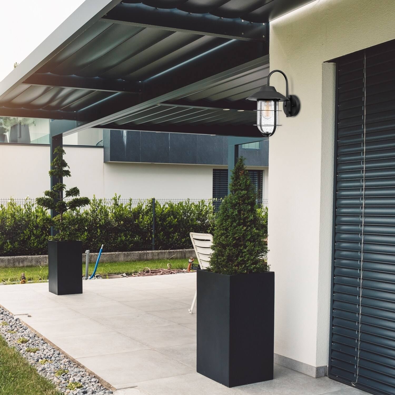 Globe Electric Matthews Outdoor Indoor Wall Sconce, Matte Black, Seeded Glass 44333