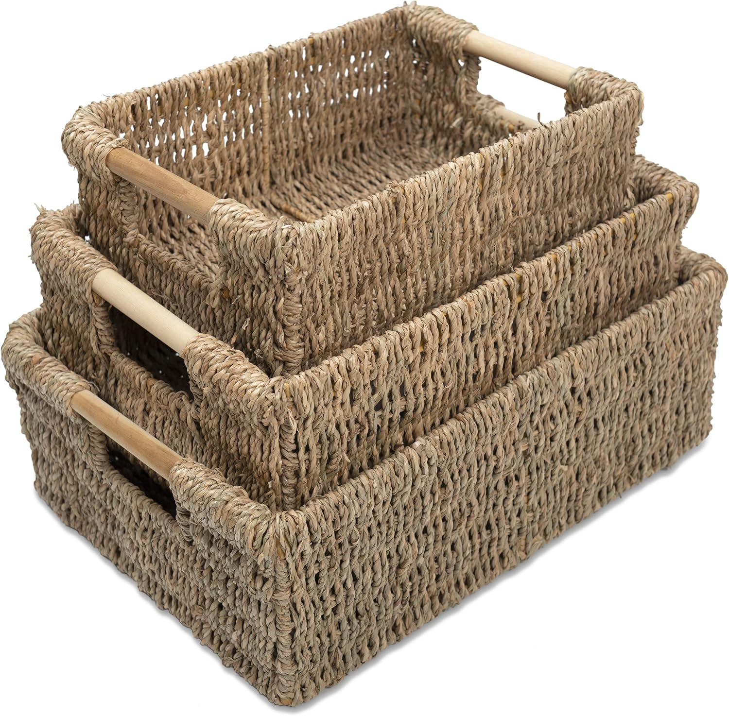 VATIMA Wicker Baskets for Storage Organizing, Seagrass Storage Baskets Rectangular Wicker Basket with Handles, Natural Wicker Storage Basket Bins - Set of Wicker Baskets for Shelves Pack of 2