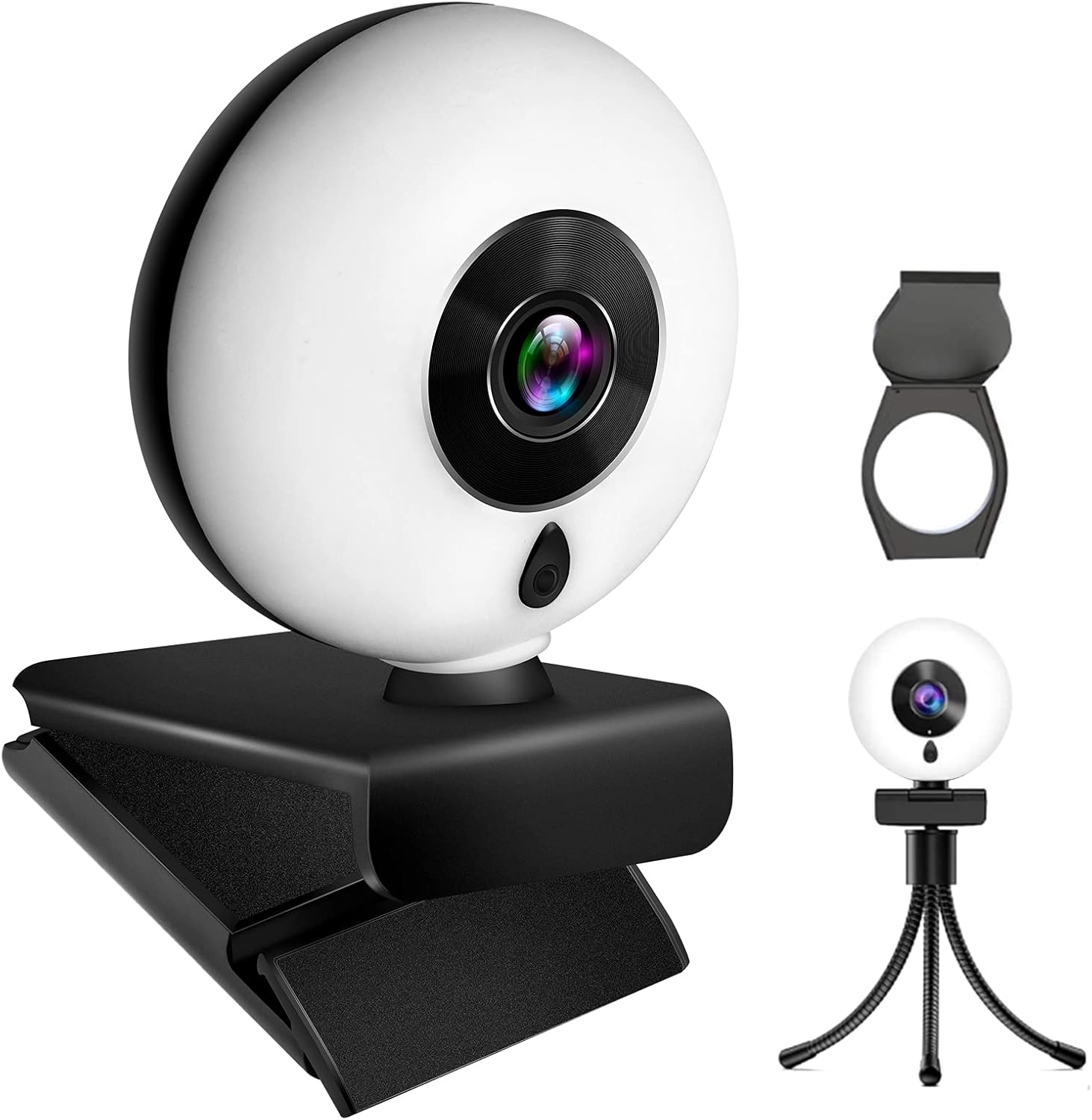 Webcam 2K HD with Microphone, LED Ring Light, Privacy Cover, Flexible Tripod, FAMOO Autofocus Streaming Camera for PC, Laptop, Plug and Play USB Computer Camera, Web Camera for Zoom, Skype