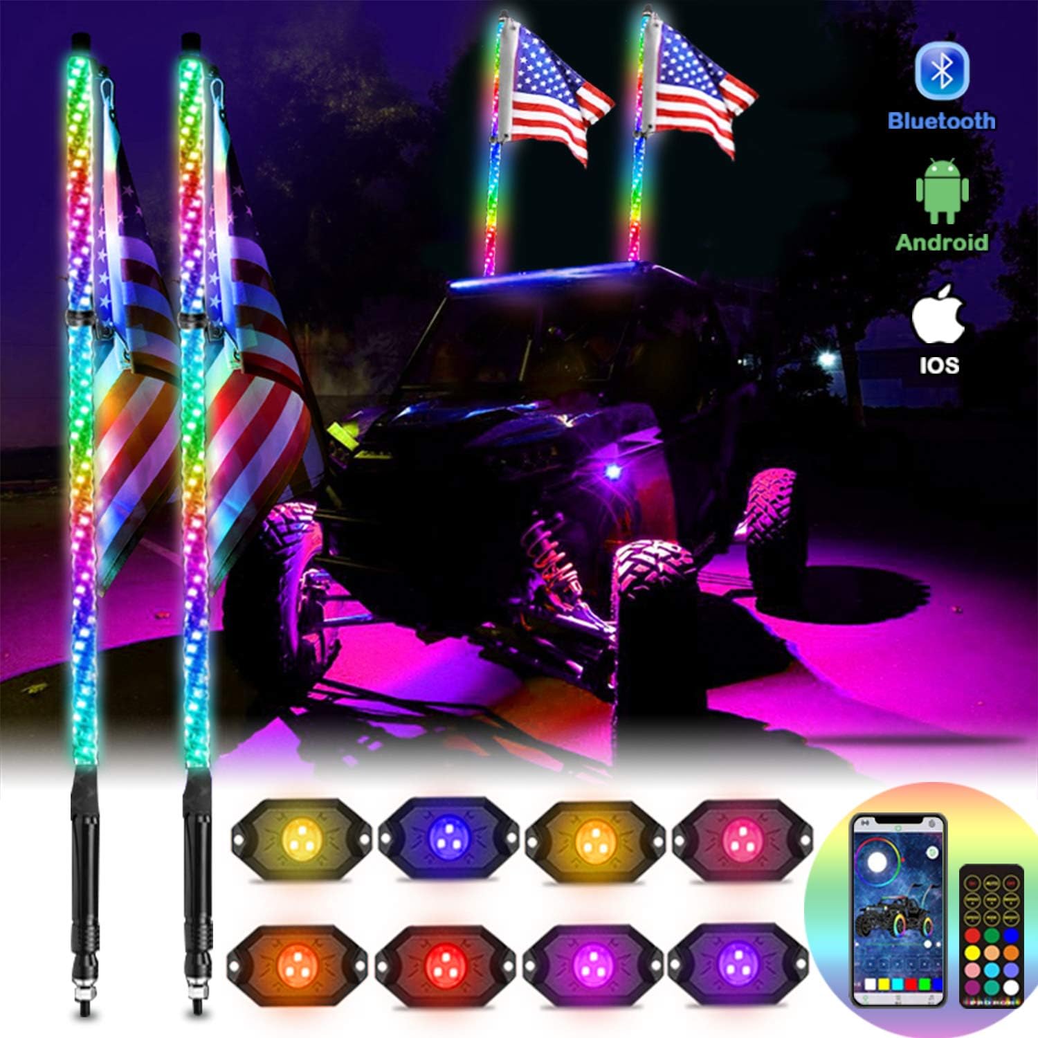OHMU 2Pcs 4FT LED Whip Lights and 3rd-Gen Rock Lights Package with Bluetooth and Remote Control 360&deg; Spiral Chase RGB 8 Pods Neon Light Offroad Warning Lighted Antenna Whip