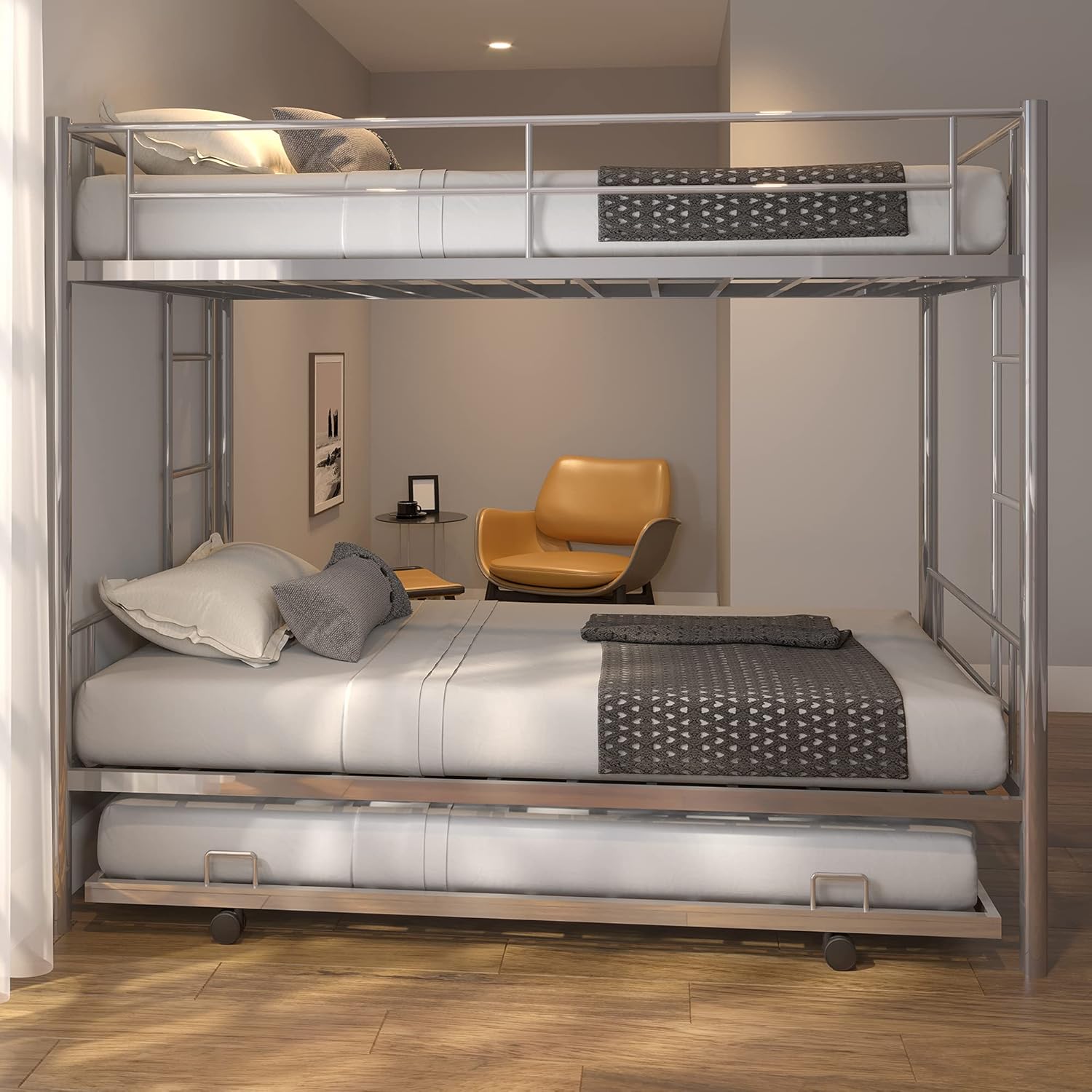 Tmosi Bunk Beds with Trundle, Metal Bunk Beds Twin Over Twin with Safety Guard Rails and 2 Side Ladders, Heavy Duty Bunk Beds for Kids Teens Adults (Black)