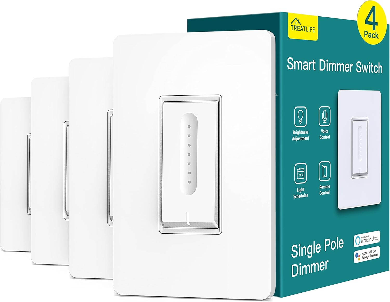 Smart Dimmer Switch 4 Pack, Treatlife Smart Light Switch Works with Alexa and Google Home, 2.4GHz WiFi Light Switch for Dimmable LED/CFL/Incandescent Bulbs, Neutral Wire Required, Single-Pole Pack of 2
