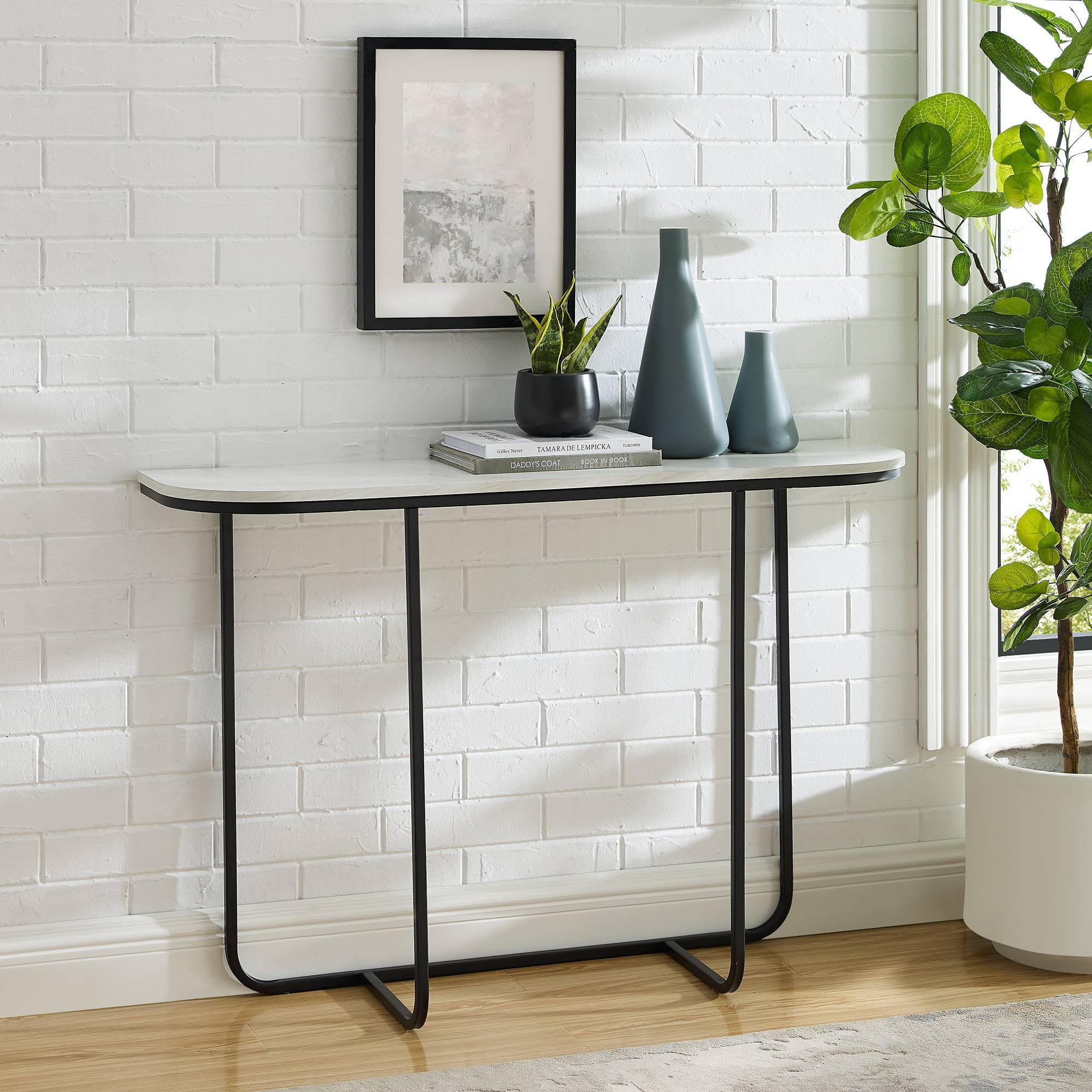 Megan Modern Glam Curved Console Table Faux White Marble/Black - Saracina Home