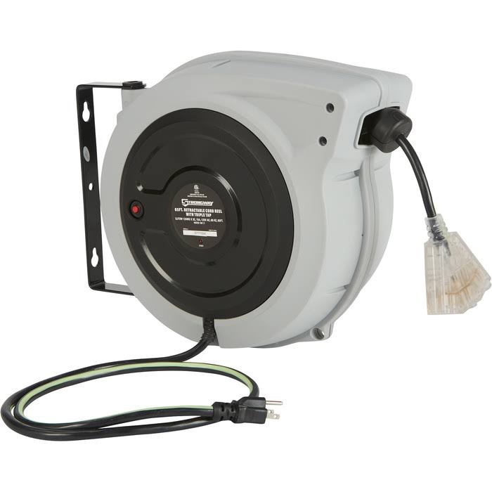 Strongway Retractable Cord Reel - 65ft.L, 12/3, Triple Tap