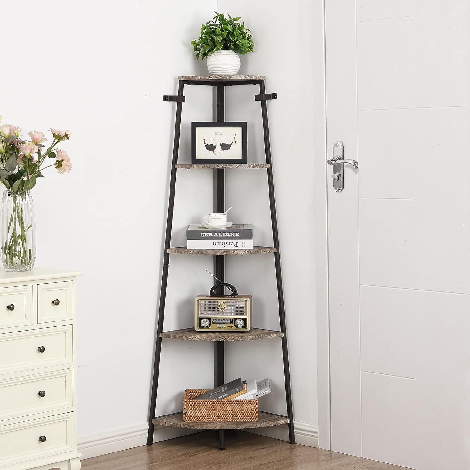 OIOG Corner Shelf Stand, 5 Tier Tall Corner Bookshelf, Gray Corner Shelf with Metal Frame, Industrial Corner Storage Shelf for Small Space