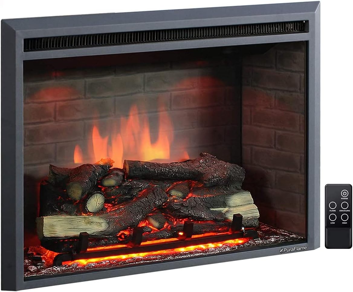 PuraFlame Western Electric Fireplace Insert with Fire Crackling Sound, Remote Control, 750/1500W, Black, 33 5/64 Inches Wide, 25 35/64 Inches High